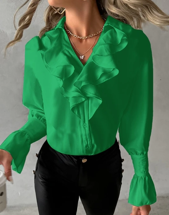 Women Fashion Ruffled Blouse Youthful Woman Clothes Temperament Commuting Women's Casual V-Neck Long Sleeve Shirt Top Y2K