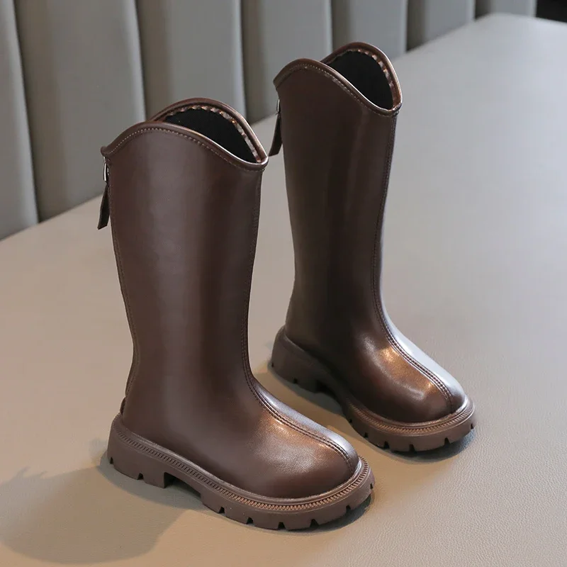 2024 Autumn Winter New Children High Boots for Girls Fashion Korean Style Anti-slippery Keep Warm Versatile Chic Leather Shoes