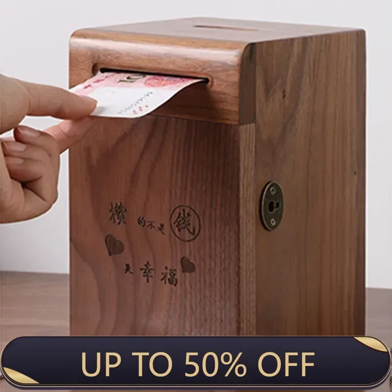 Wooden Money Box with Key Lock Chinese Mythical Creature Wealth Talisman Home Office Decor for Adults and Children