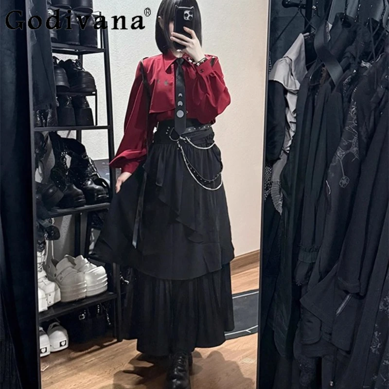 القوطية نمط لوليتا ملابس للنساء أسود أحمر جديد مطوي قميص أنيق التخسيس فستان بحزام طويل الدعاوى الفتيات اليابانية مجموعة