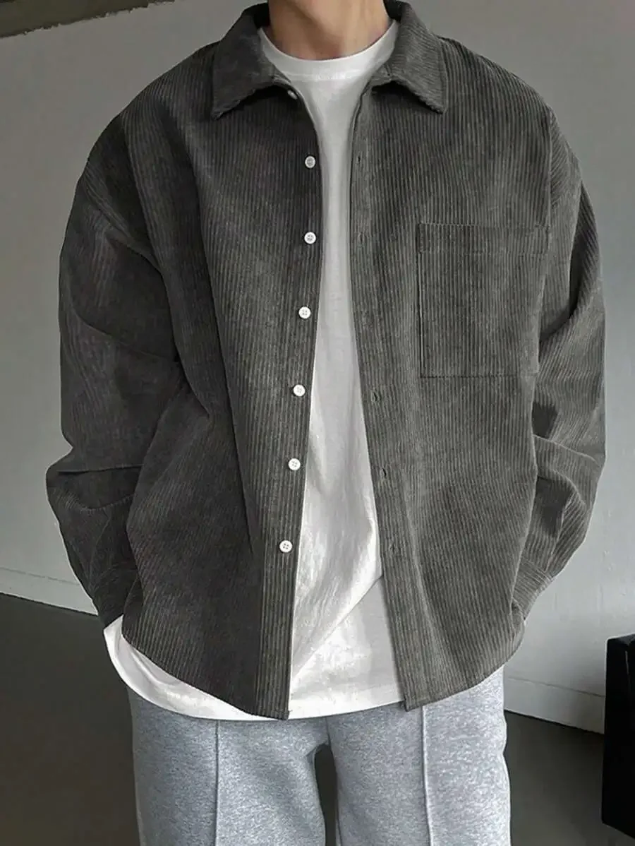 

Men's Gray Corduroy Button-Down Shirt, Long Sleeve Casual Shirt for Fall