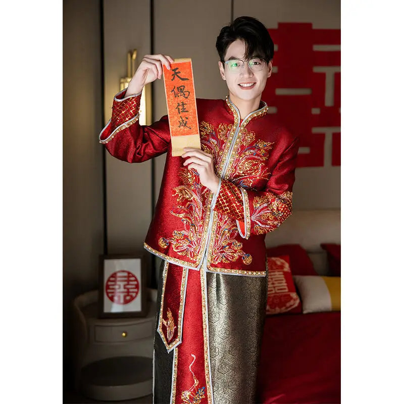 Xiu He Fu Men's Wedding Groom Reception Men's Dress 2024 New Chinese Toasting Dragon and Phoenix Tang Costume