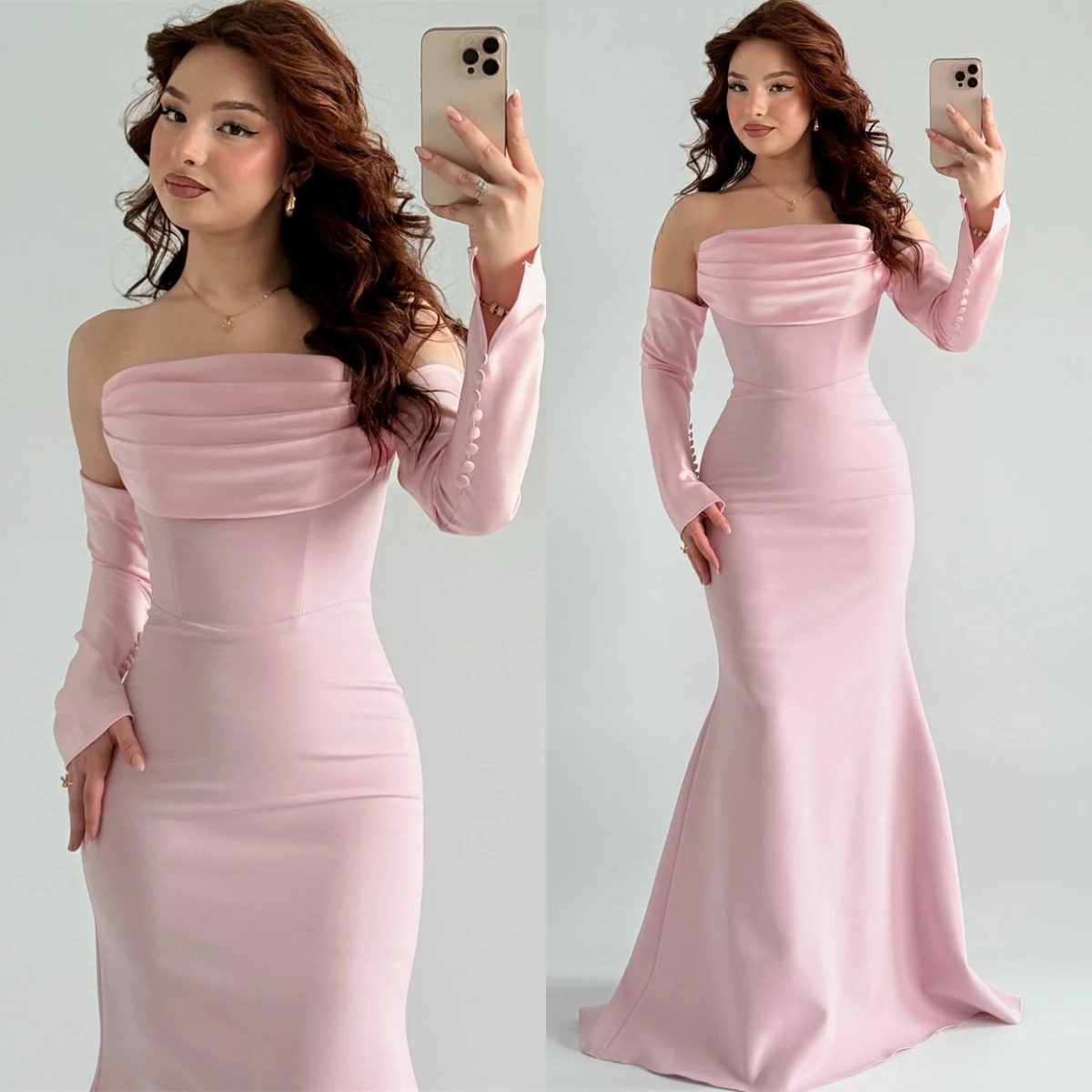 Aangepaste eenvoudige roze jersey avondjurk elegante boothals lange mouwen celebrity jassen delicate zeemeermin knoppen feestjurk