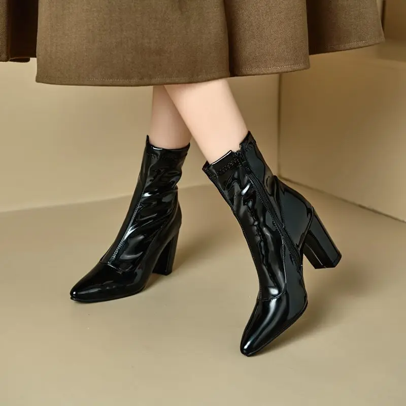 

Girseaby 2025 блестящие женские ботильоны с острым носком на толстом каблуке 8,5 см на молнии, большие размеры 44 45 46 US15 Классические ботильоны