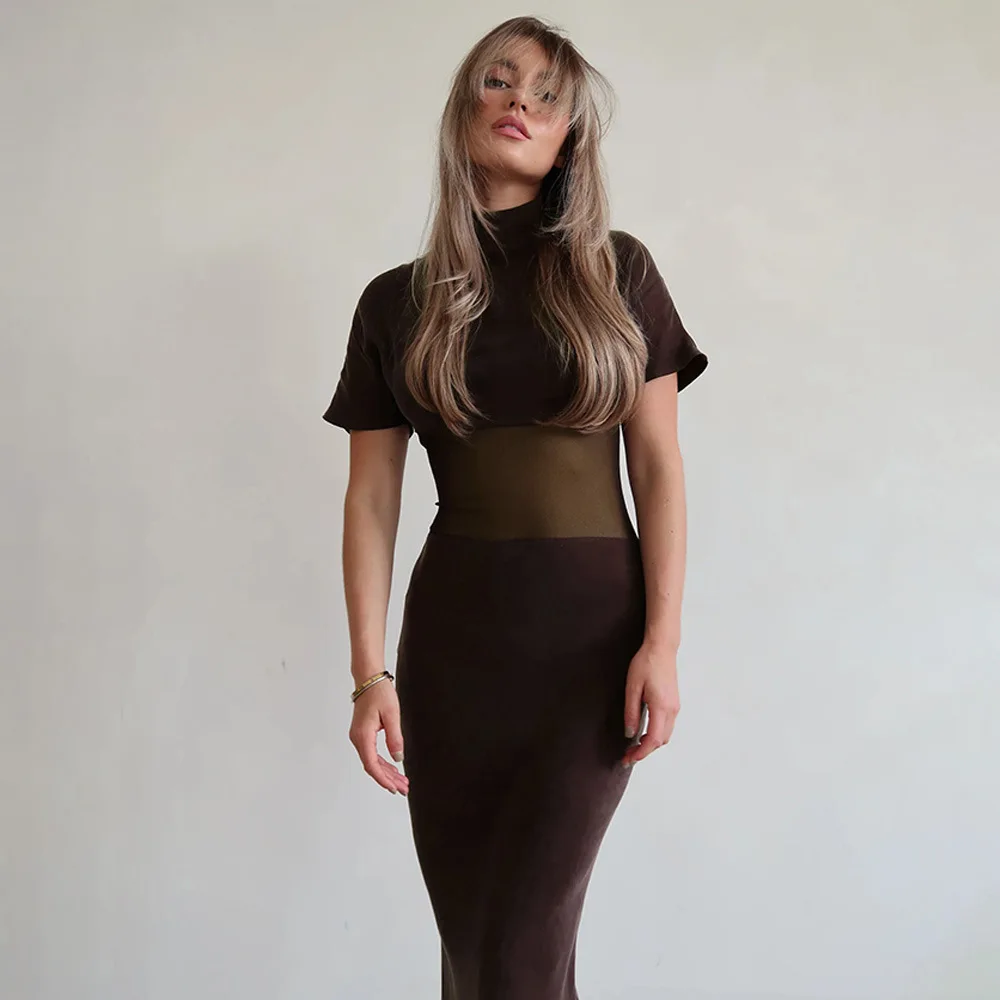 

FL New Style See-Through Gauze Semi-High Neck Dress Sexy Slim-Fitting Short-Sleeved Floor-Length Dress Satin Lace Fabric Woman