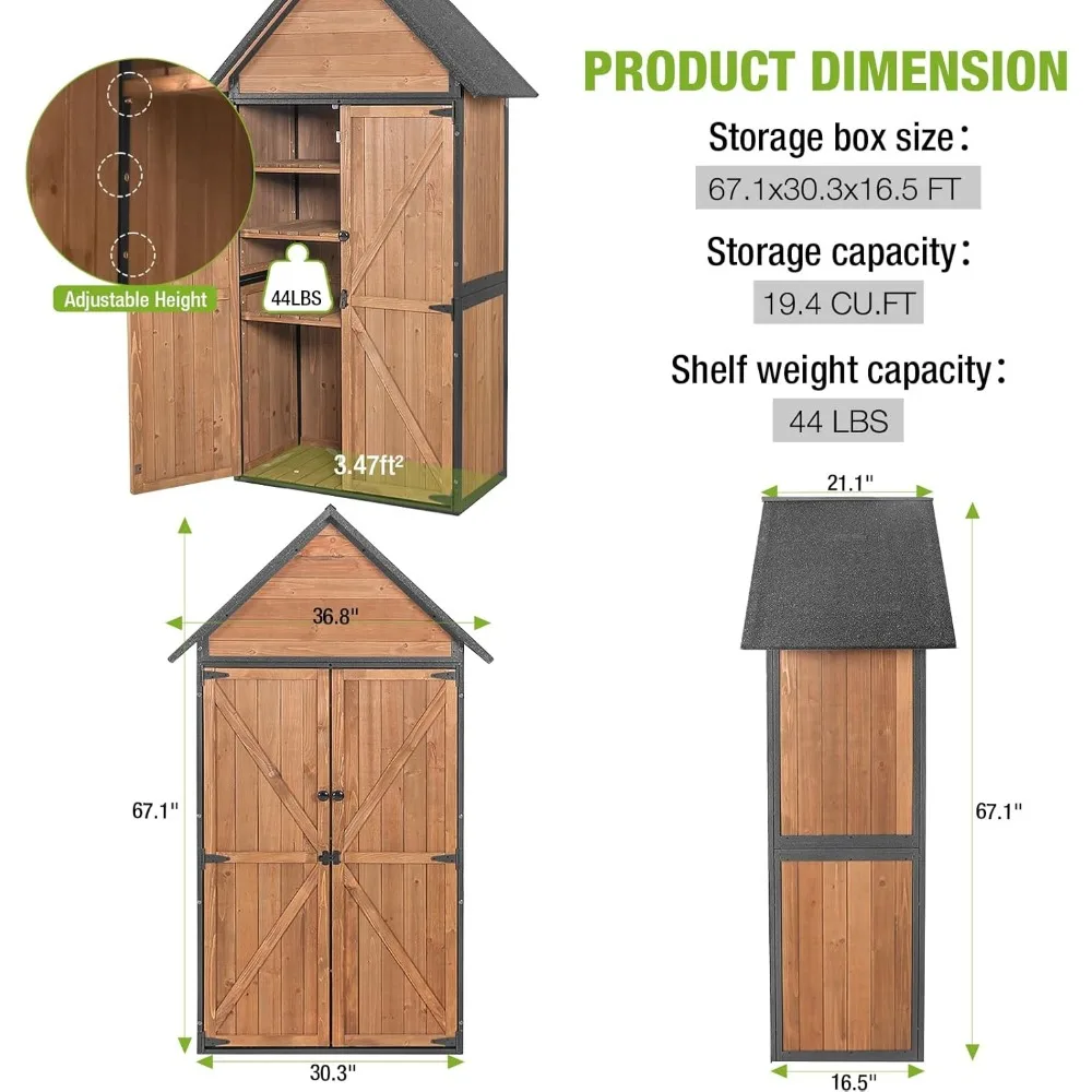 سقيفة تخزين خارجية، سقيفة أدوات حديقة خشبية مع إطار معدني، سقف منحدر وأرفف قابلة للتعديل مكونة من 3 طبقات، مخزن خارجي