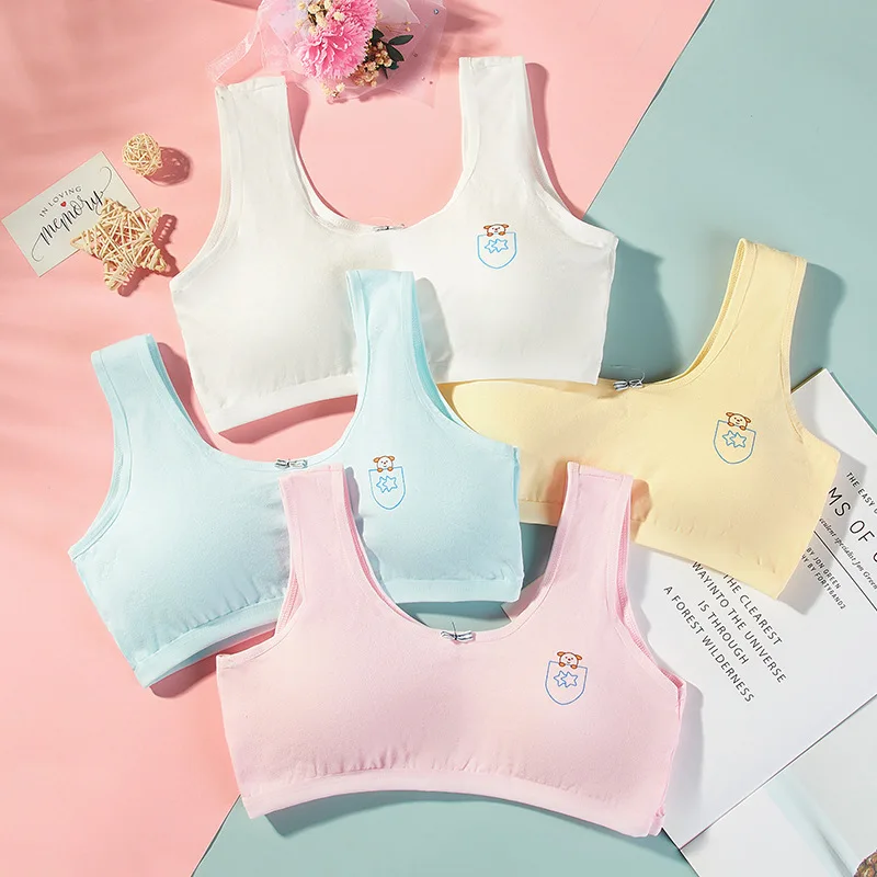 

4 pcs Cotton Girl's Training Bra Detachable Padded Cartoon Bras Soft Breathable Vest For 8-16Y Student Girl