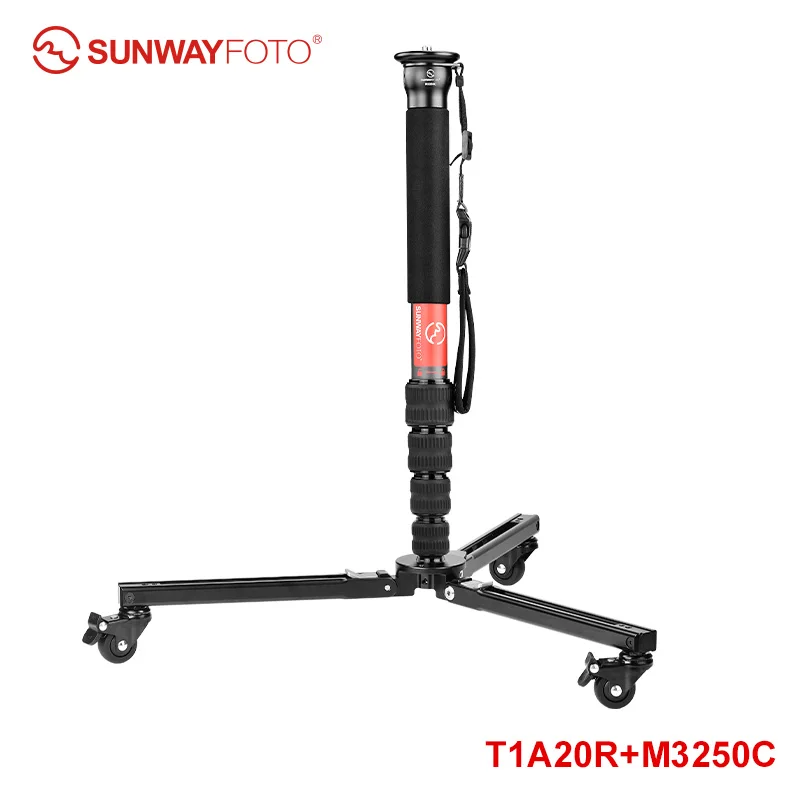SUNWAYFOTO T1A20R Monopod Dolly, Heavy Duty Rolling Stand, 110 lbs (50 kg) capaciteit, fotografie rubberen wielen, standaard met wielen