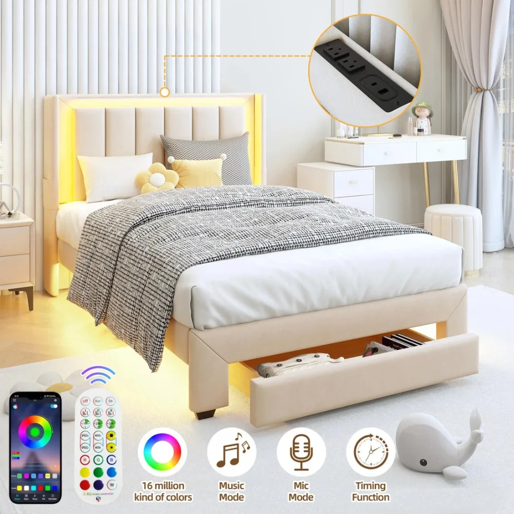 Modern Twin Bed Frame, Upholstered Platform Bed Frame with LED Lights, Drawer, Charging Station, Fabric Platform Bed Frame