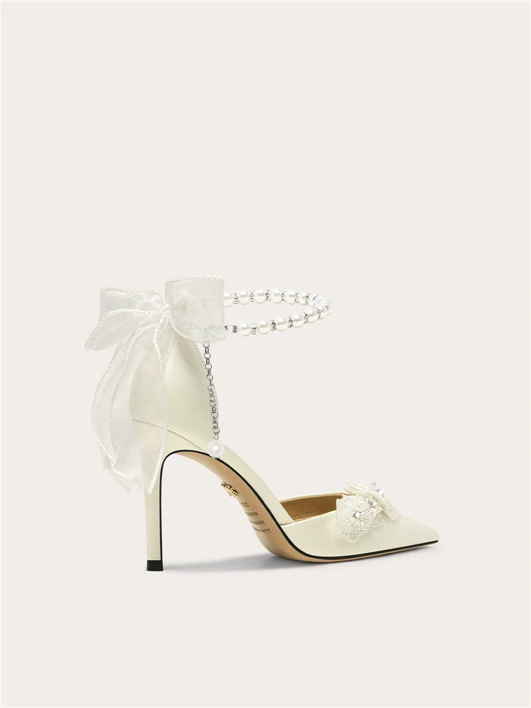 Summer pointed-toe ribbon bowknot pearl satin wedding shoes banquet large size small size wide version high-heeled women sandals