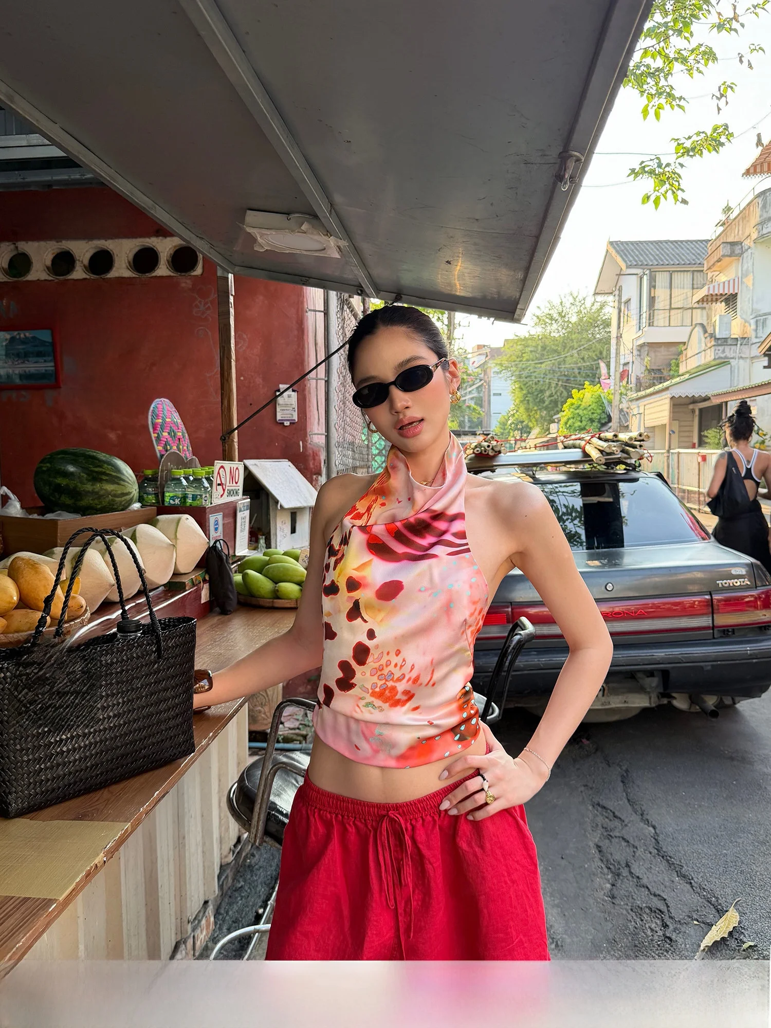 

Rovente Summer Pink Floral Print Stand Collar Short Vest Strapless Women's Sleeveless Top Elegant Style Polyester Fiber