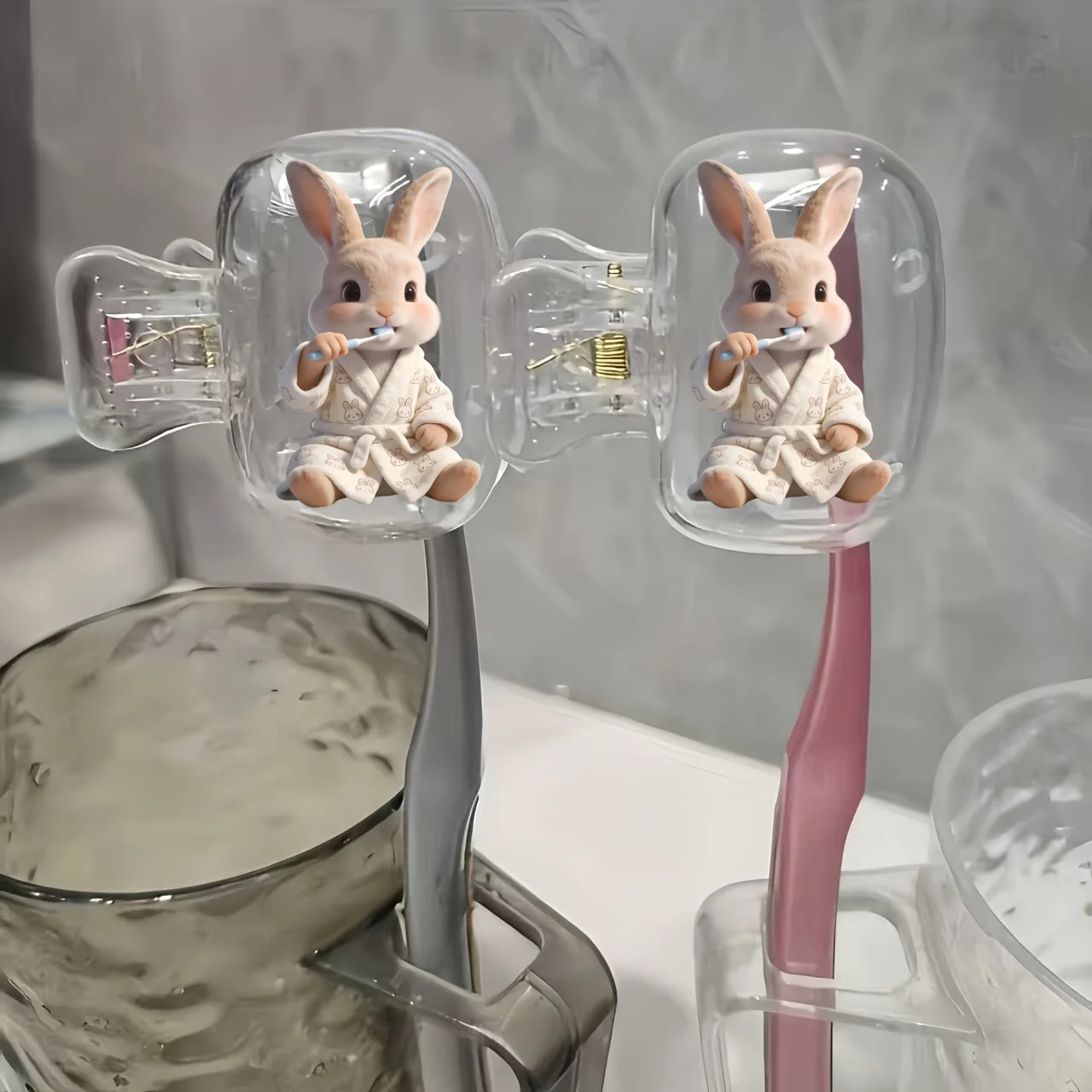 2pcs Rabbit Wearing Bathrobe Brushing Teeth Toothbrush Organizer Clip Home Portable Travel Essential Storage Box Gift For Lady