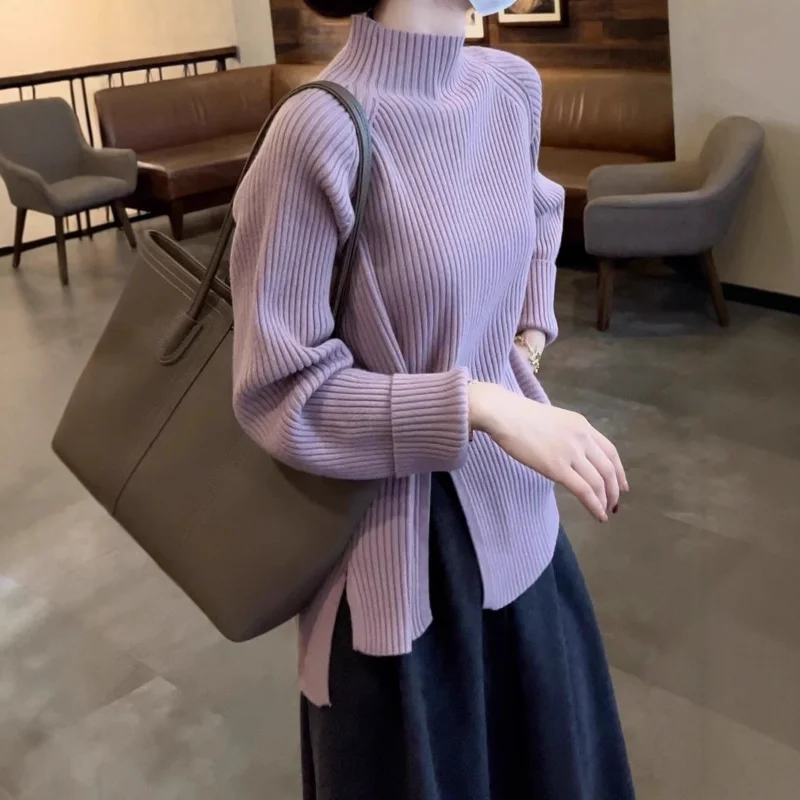 Fashion Women Autumn Winter New Style Korean Style Stylish Mature Style Design Sense Advanced Purple Sweater Knitwear Top