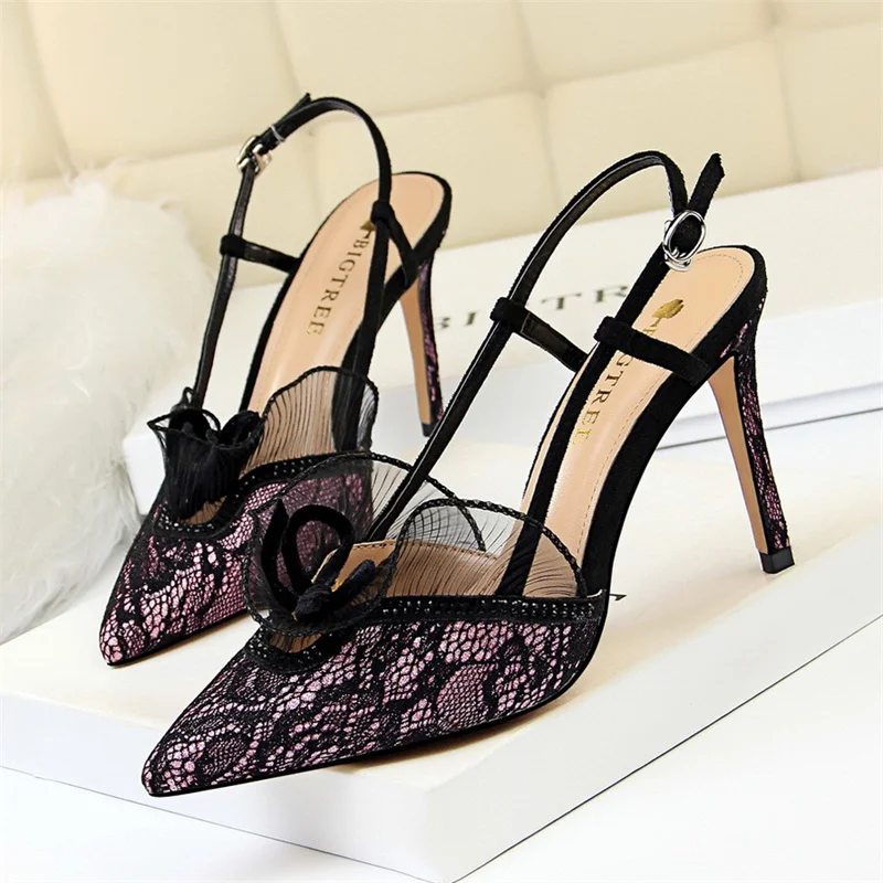 Fashion Women Sandals Mesh Rhinestone Lace Hollow Sexy Kitten Pumps Stilettos Summer Thin High Heel Single Shoes