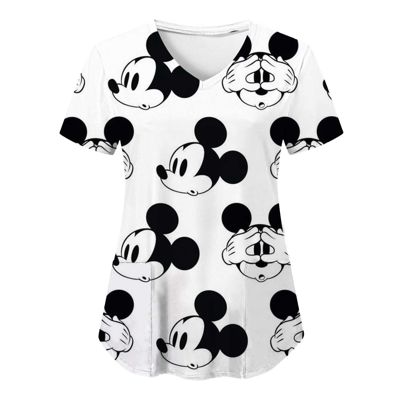 T-shirt Minnie Mouse avec poche pour femme, haut à col en V Y, uniforme d\'infirmière, vêtements d\'hôpital Disney, été, 2023