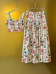 Luxury Designer Summer Women 2 Piece Set - Starfish Shell Printed Cotton Crop Top & Maxi Skirt | High Quality Beachwear 2025