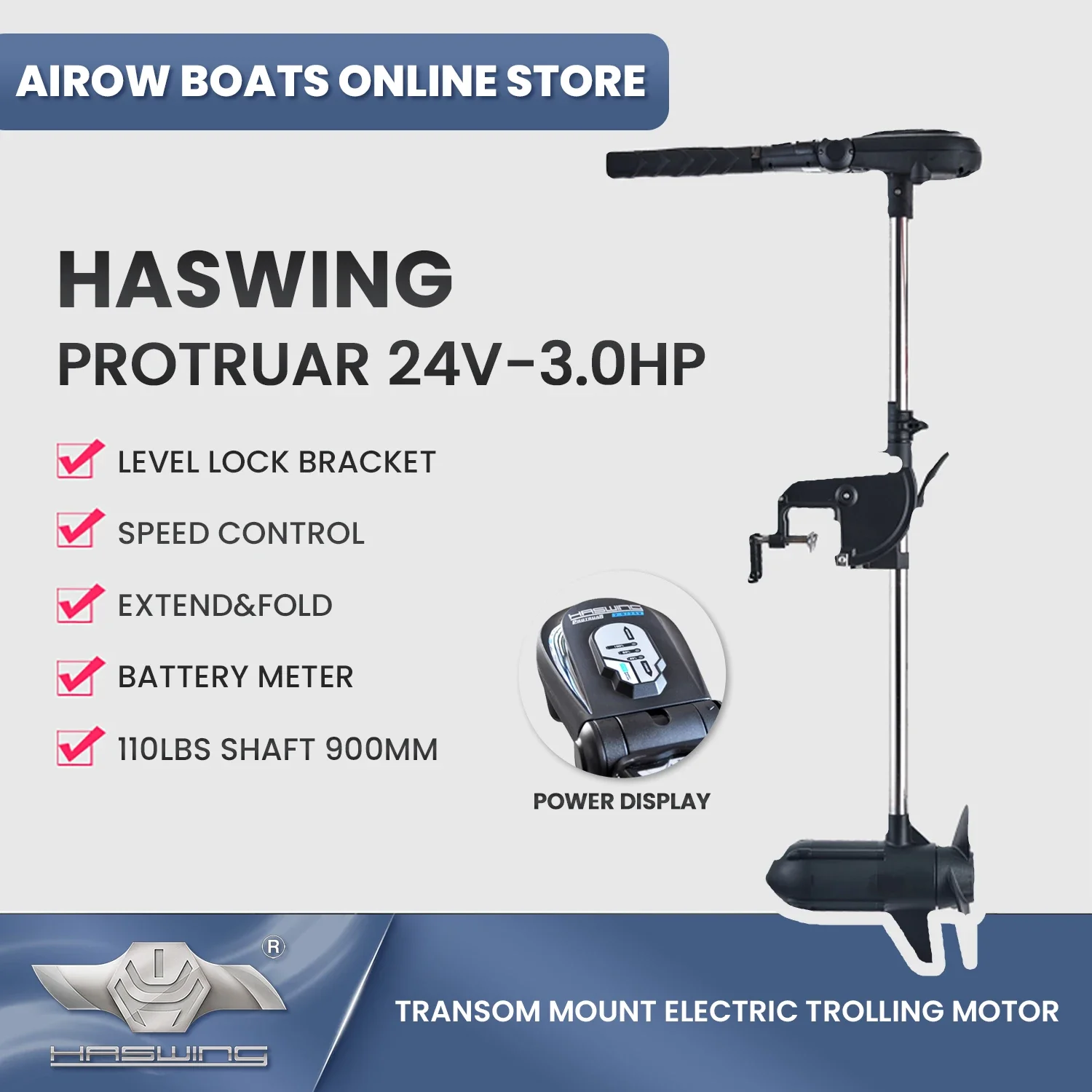 Haswing Protruar 110lbs Transom Mount 24v DC Electric Trolling Motor 3HP( Brushless Motor)  50715-900mm Stepless Speed F/R