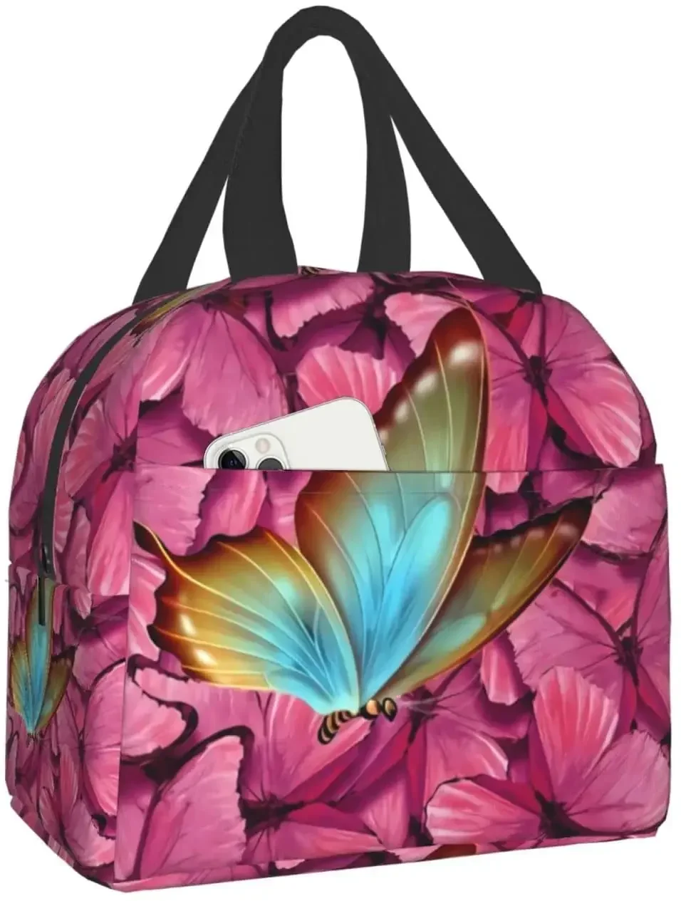 Pink Colorful Butterfly Insulated Lunch Bag Portable Lunch Bags for Girls Women Reusable Leakproof Lunch Box Picnic Travel Work