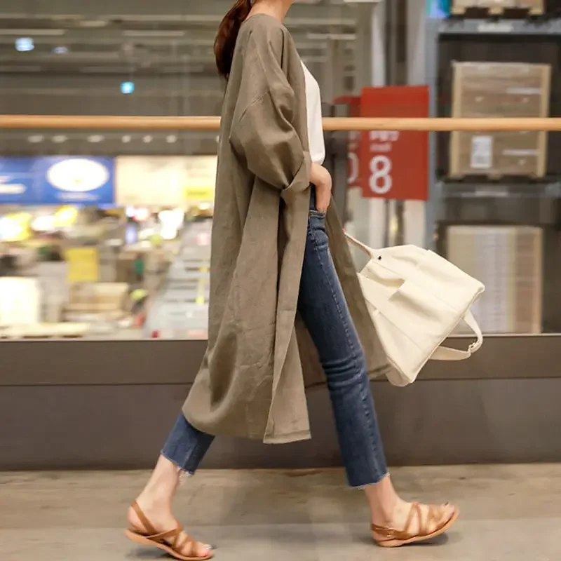 

Women Linen Trench Coat Korean Fashion Cotton Linen Long Cardigan Plus Size Sun Protection Clothing Loose Thin Mid Length Coat