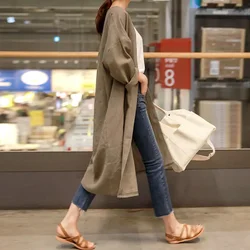 Kobiety lniany trencz koreański moda bawełniana pościel długi sweter Plus rozmiar odzież chroniąca przed słońcem luźna cienka średniej długości płaszcz