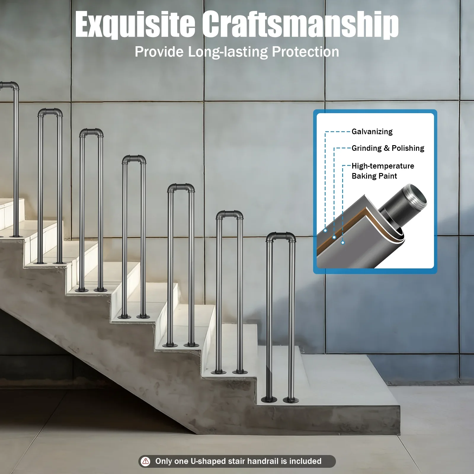 Steel Stairs Handrail Stair Railing Step Home Handrail Railing Adjustable U-shaped Hotel Staircase Handrail Floor Standing 85cm