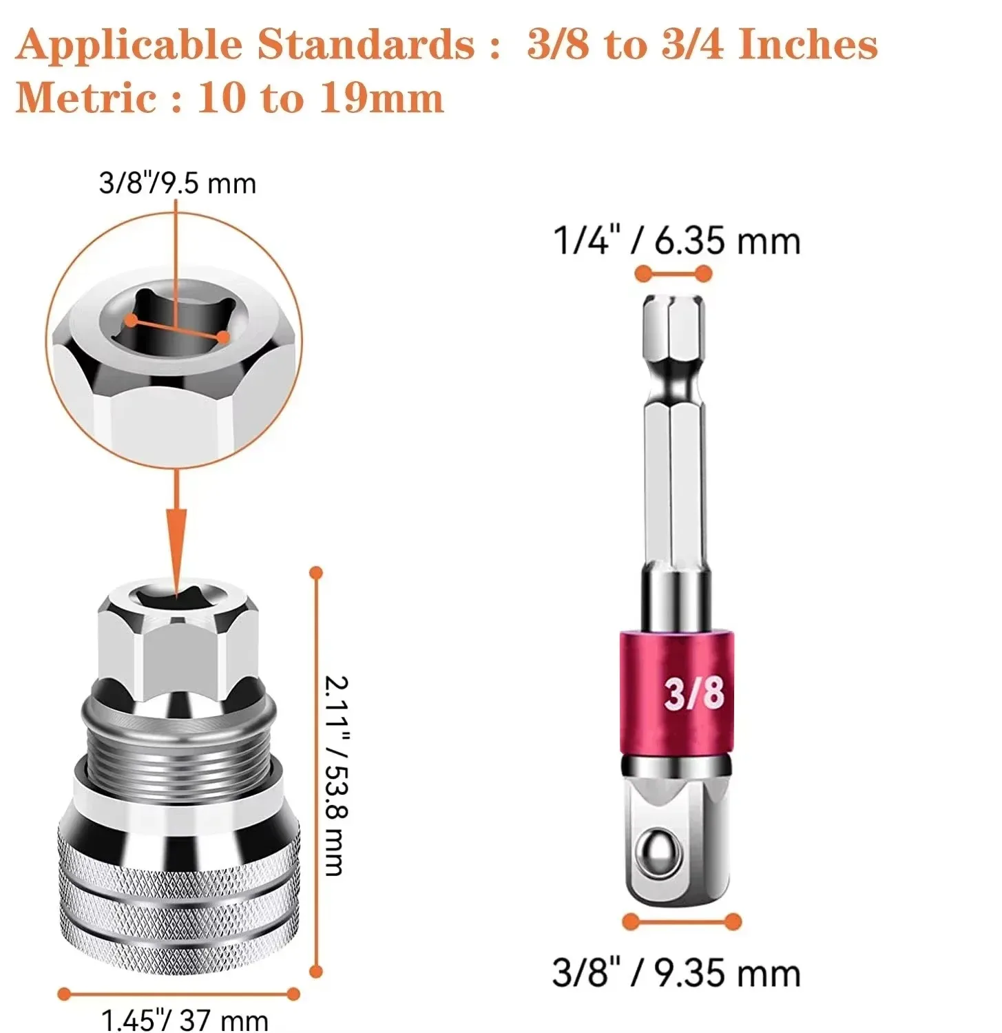 2 Stück 10-19mm Universal-Steckschlüssel-Adapter-Set mit 3/8" Sechskantschaft für Bohrmaschine und Ratschenschlüssel – Detail 3