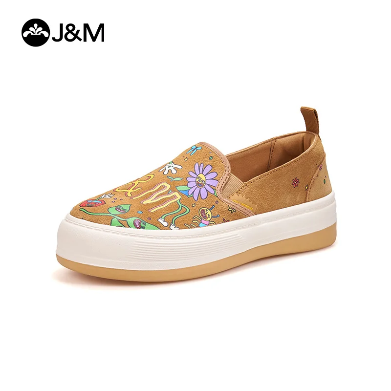 J&M Cartoon Casual Shoes Women Lady Girl Loafers 3.5cm Platform Summer Slip-on Shoes White Shoes Flower Walking Sneakers