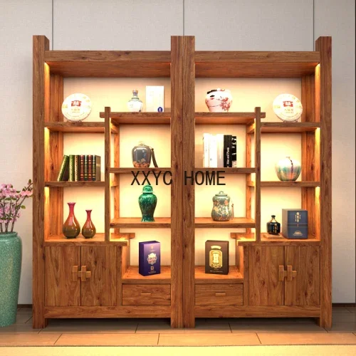 Solid Wood Chinese Old Elm Tea Room Tea Tea Cabinet Office Storage Display Bookshelf Partition