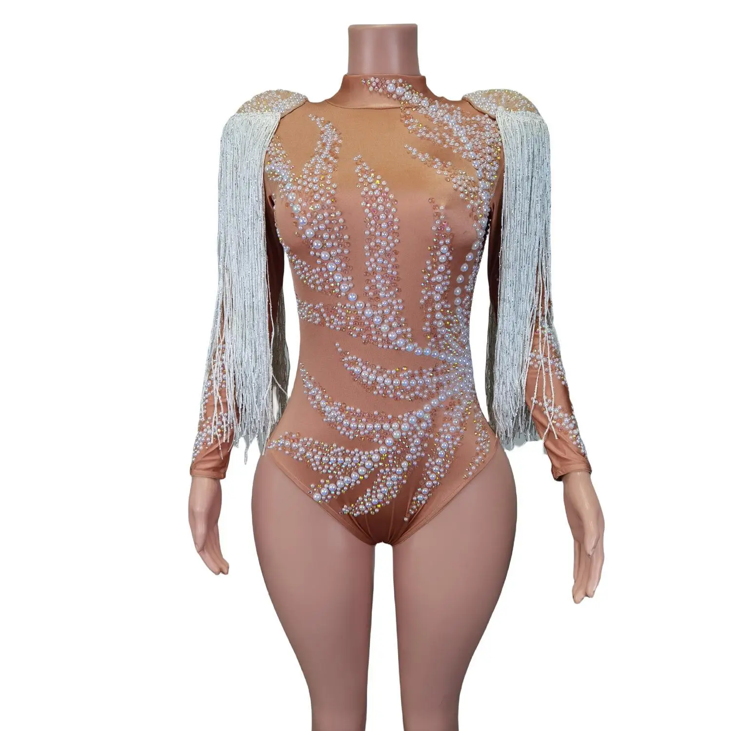 

Nightclub Female Pole Dancer Costumes White Tassel Pearls One Piece Bodysuit Singer Party Prom Stage Performance Dress Jianzhang