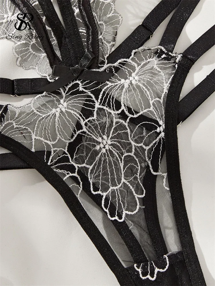 SINGREINY Amatory كاميس عارية الذراعين شير داخلية تطريز أنيق نادي سليم السروال القصير النساء ملابس داخلية شفافة مثير بلايسوت