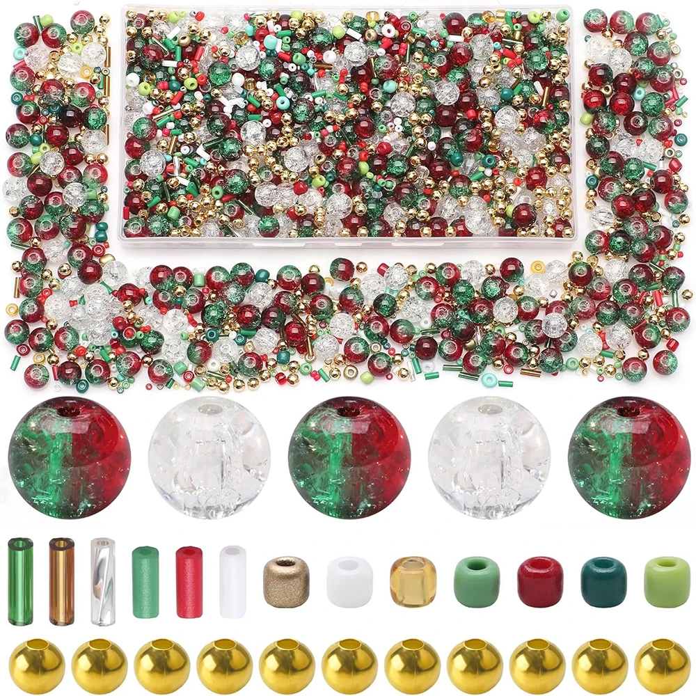

900Pcs Glass Bulk Christmas Theme Mixed Beads Holiday Bracelet Making Red Green Craft Crystal Bead for Xmas Decorations