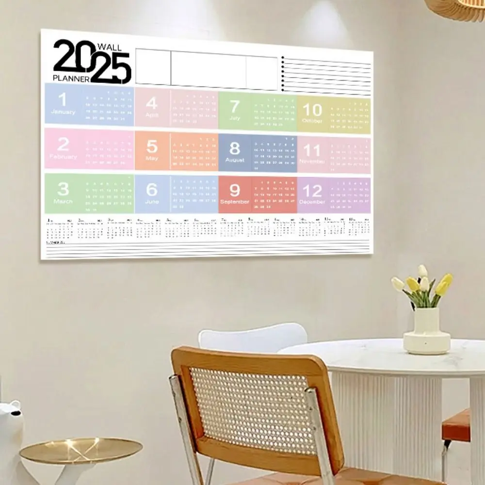 Folha de planejador de calendário dobrável 2025, calendário de parede de planejamento decorativo de plástico com adesivos coloridos, organizador de programação