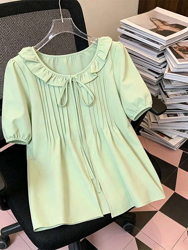 

plus Size Doll Shirt Women's Summer New Style Korean Style Breathable Polyester Fiber Short Sleeve round Neck Patchwork