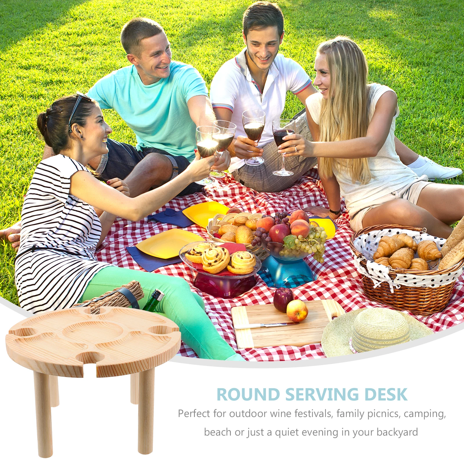 

1pc Portable Snack Outdoor Wine For Beach Party Picnic Storage Round Serving Table Household Wood Table Camping Dessert