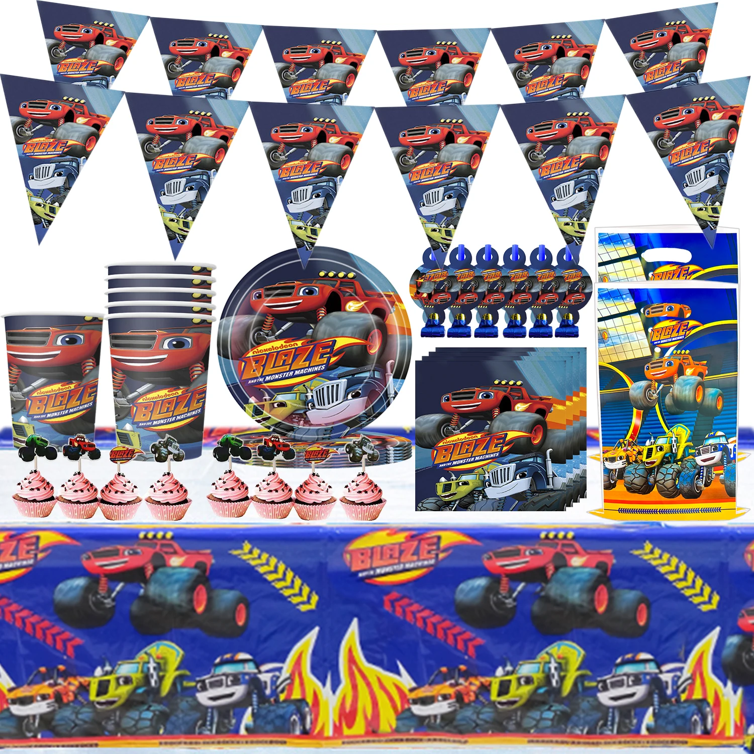 Blaze Monster Birthday Decoration Tableware Cake Topper Blaze and the Monster Machine Foil Balloons Set Candy Gift Bags Supplies