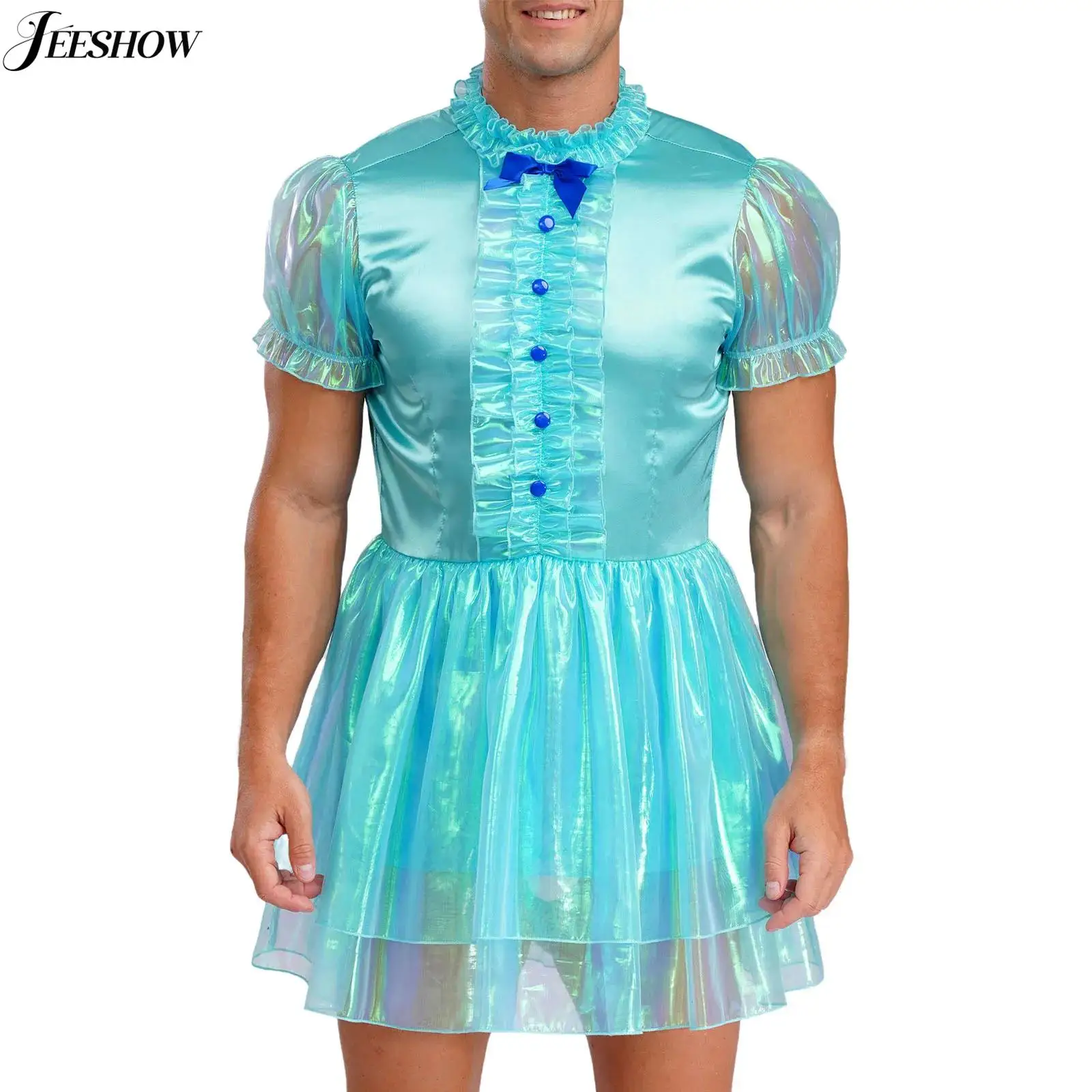 فستان رجالي سيسي خادمة قصير الأكمام منتفخة مكشكش سباركلي شير الطبقات ألف خط فستان كروسدرسر لعب الأدوار الملابس الداخلية زي