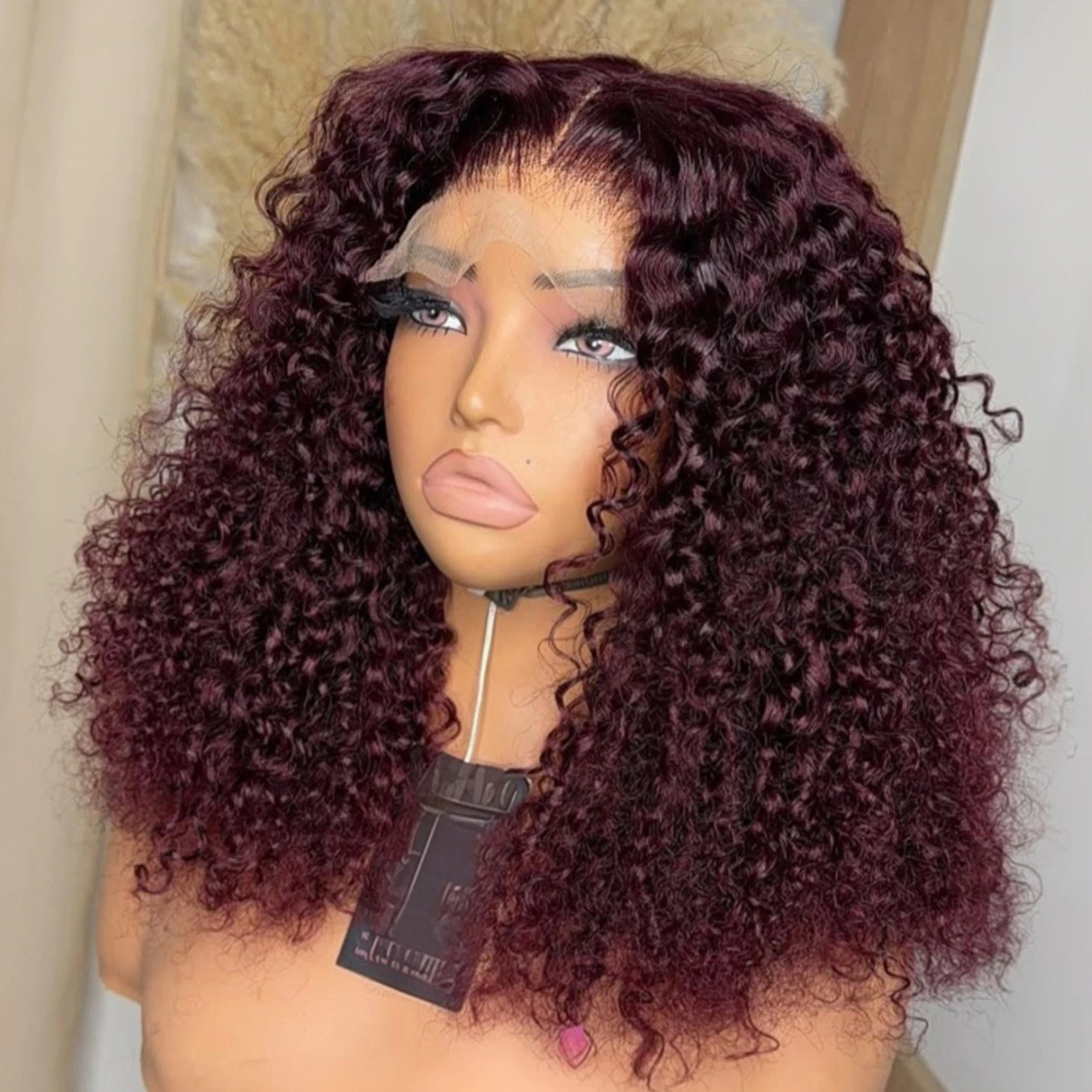 

Short Bob Blunt Cut 99J Red Burgundy Color 13X4X1 HD Full Lace Frontal Synthetic Wig Ponytail Deep Curly Prepluck Daily Party