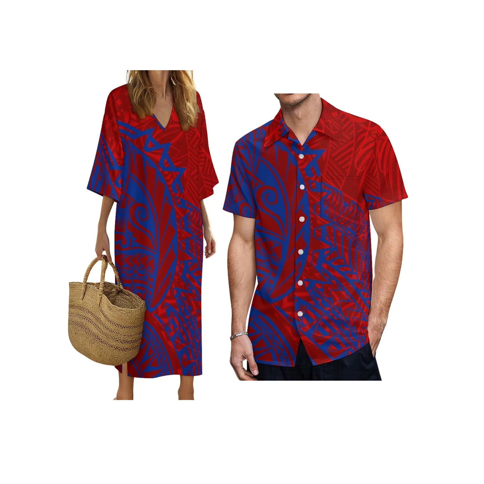 新しいカスタムメイドのハワイアンスタイルデザインファッションカップル服アロハメンズルーズシャツとディープVネック半袖レディースドレスのセット