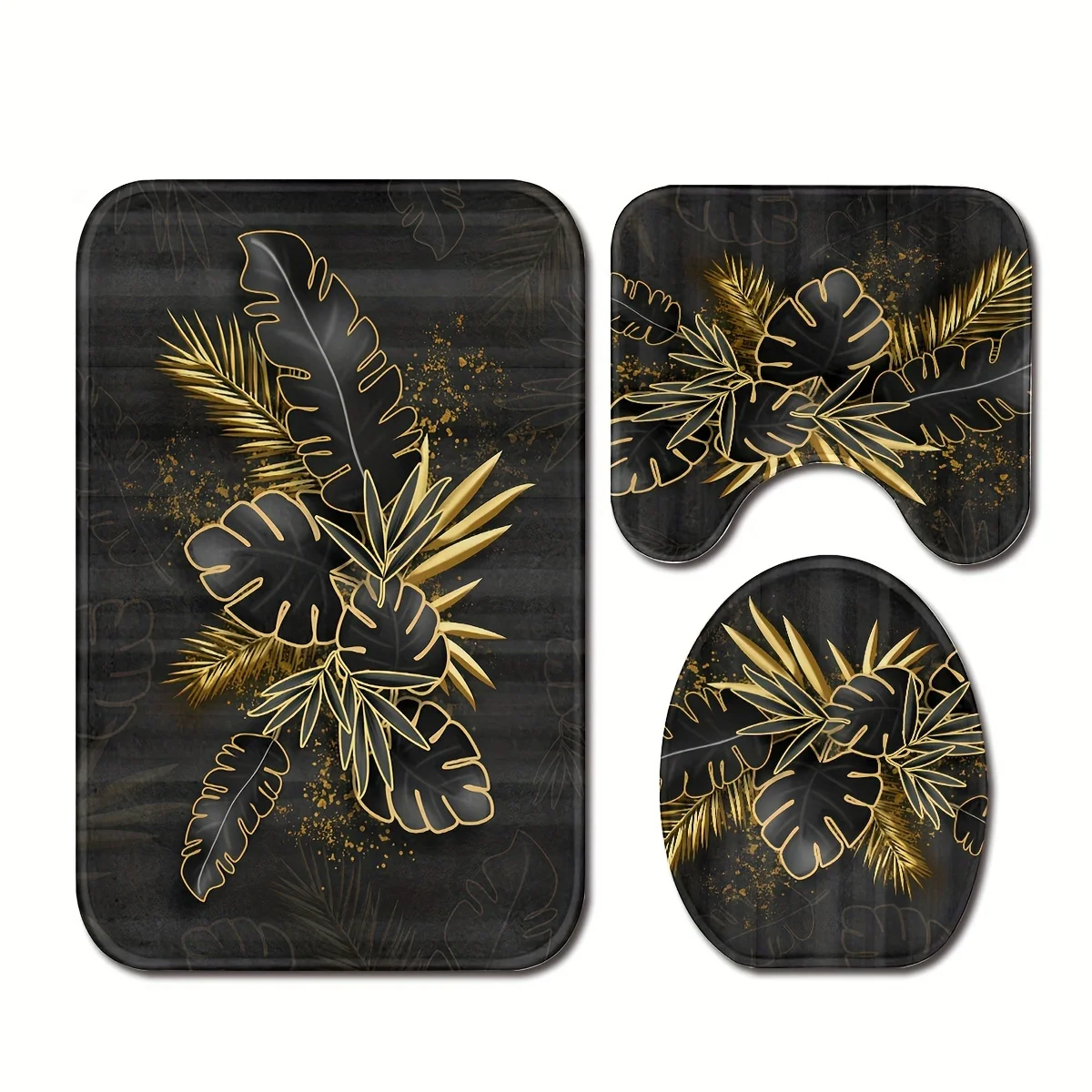 Black Banana Leaf Print Floor Mat Set, Three-Piece Bathroom Mat Set, Non-Slip Mat, Absorbent Mat, Toilet Seat Cover Mat, Toilet