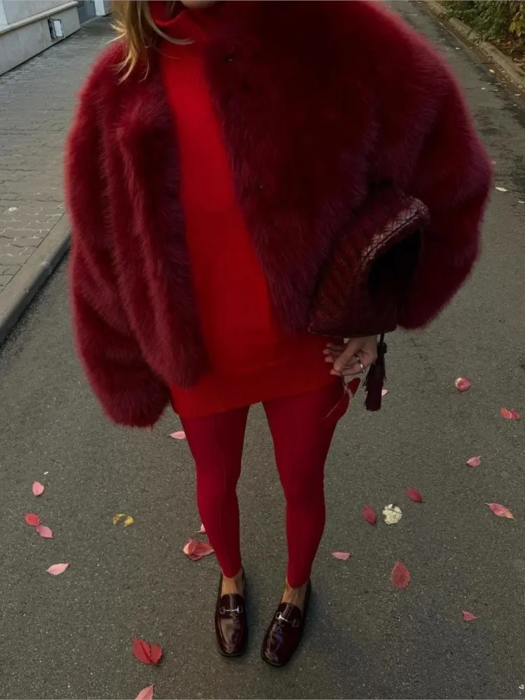 Mode Rode Nepbontjassen Vrouwen Herfst Winter 2025, Nieuwe Vintage Cropped Faux Fur Jasje Pluizige Harige Dikke Warme Bovenkleding