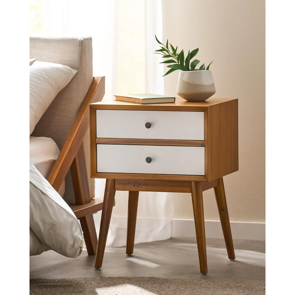 

Mid-Century Modern Nightstand with 2 Drawers,Solid Acacia Wood Bedside Table with Splayed Legs,Quiet Glide Drawer, Dark Brass Ha
