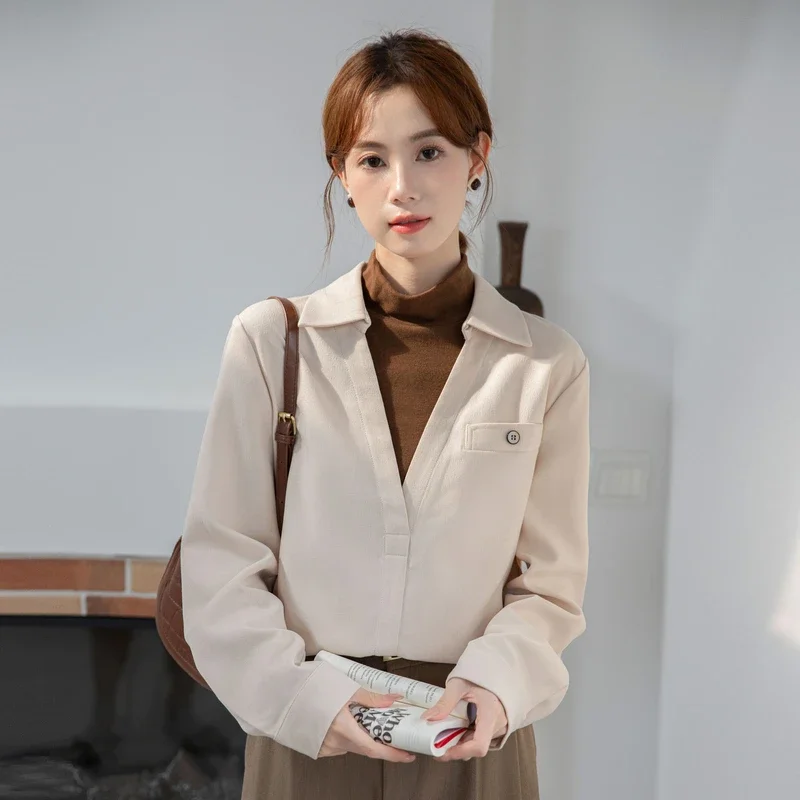 

Layered Mock Neck Blouse for Women Long Sleeve Top for Women Fashionable Korean Style Autumn/Winter Shirt Solid Spliced Blouses