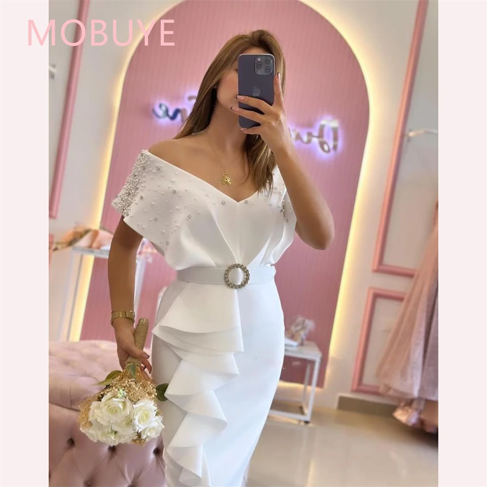 MOBUYE 2024 Arab Dubai Off The Shoulder Prom Dress Short Sleeves With Tea Length Evening Fashion Elegant Party Dress For Women