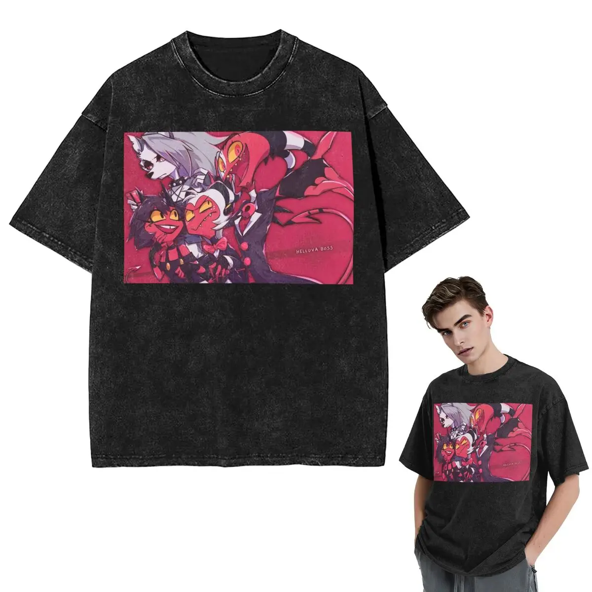 Streetwear T-Shirts Loona Collage Helluva Boss Anime Washed T Shirt Short Sleeve Hip Hop T-Shirt Tops Tees for Men Women