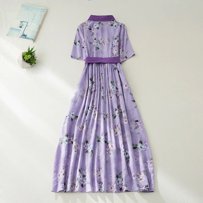 Women's Purple Floral Dress, Cotton Linen, Turn-Down Collar, Pleated, Knee-Length, Elegant Female Clothing, Summer, Vintage