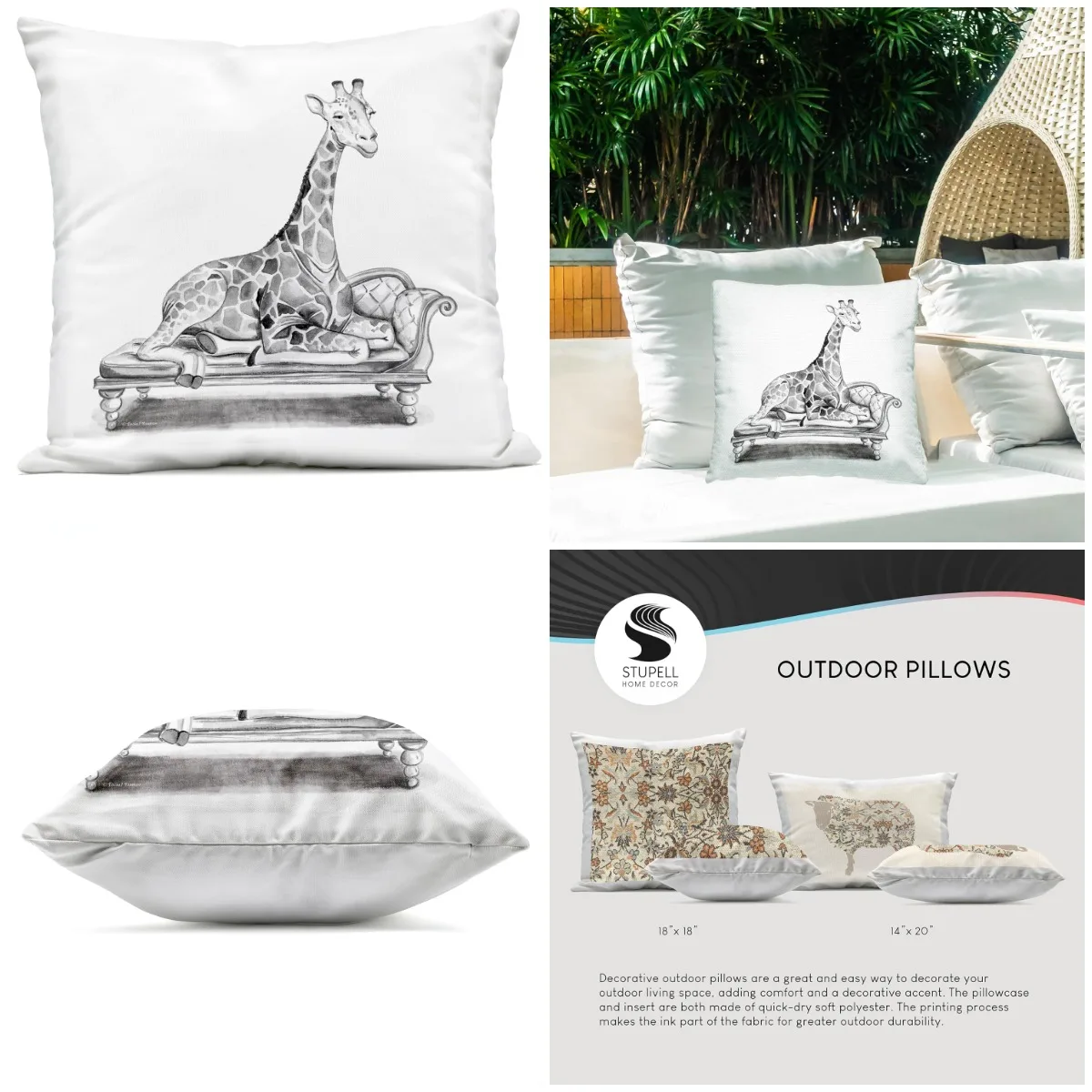 

Giraffe on Chaise Lounge Outdoor Printed Throw Pillow, 18 x 7 x 18, Grey