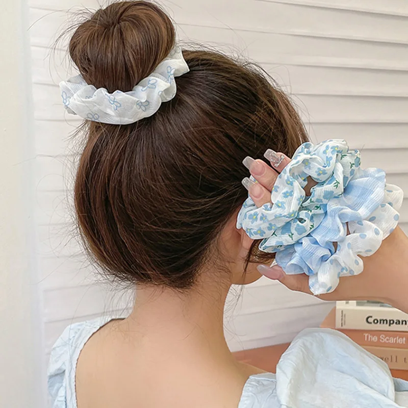 Blue Series Chiffon Scrunchies Ponytail Holders Rubber Band Sweet Hair Accessories Organza Mesh Hair Rope Floral Hair Ring