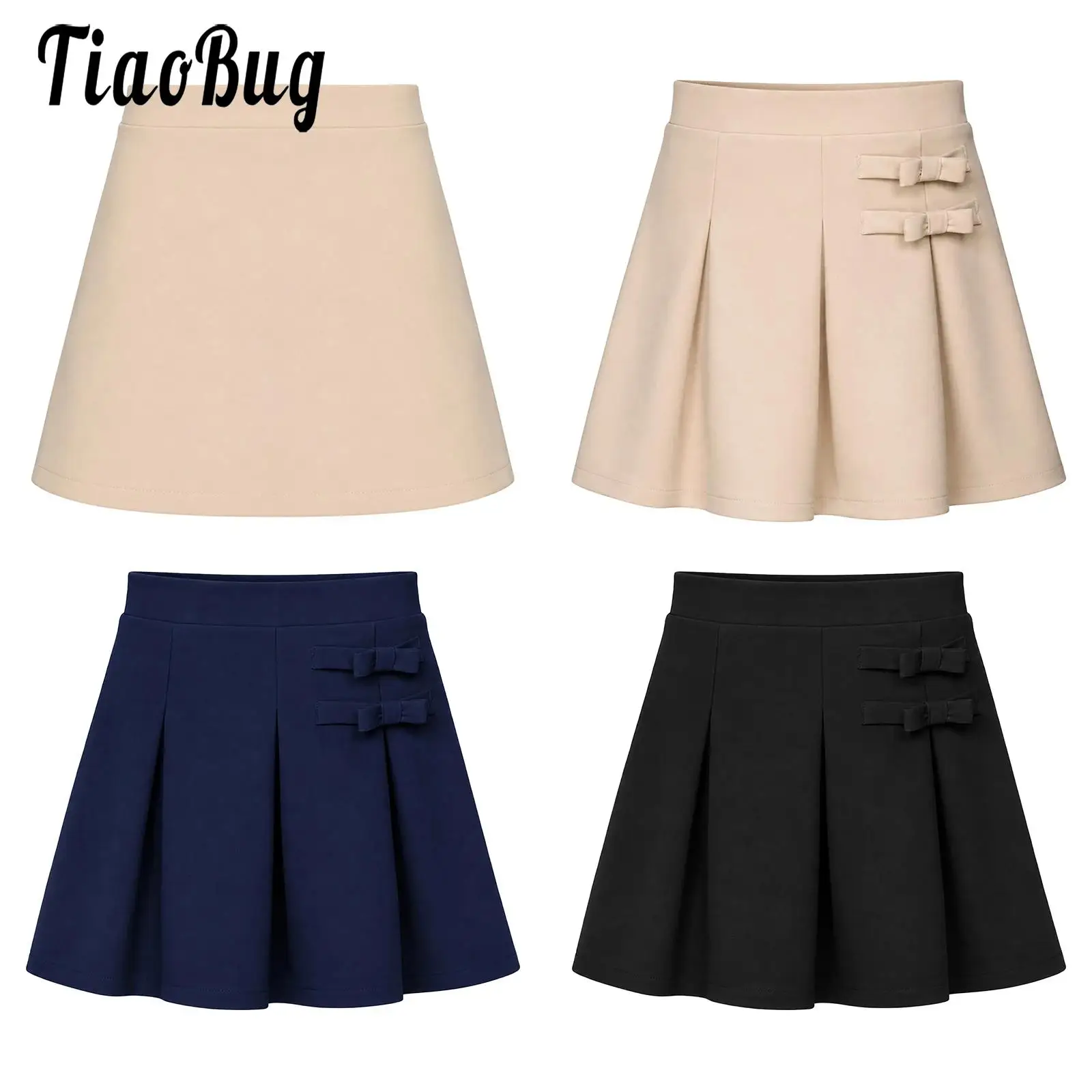 Kids Girls Bowknots Pleated Side Invisible Zipper A-line Tutu Skirt with Built-in Shorts for School Uniform Casual Daily Life