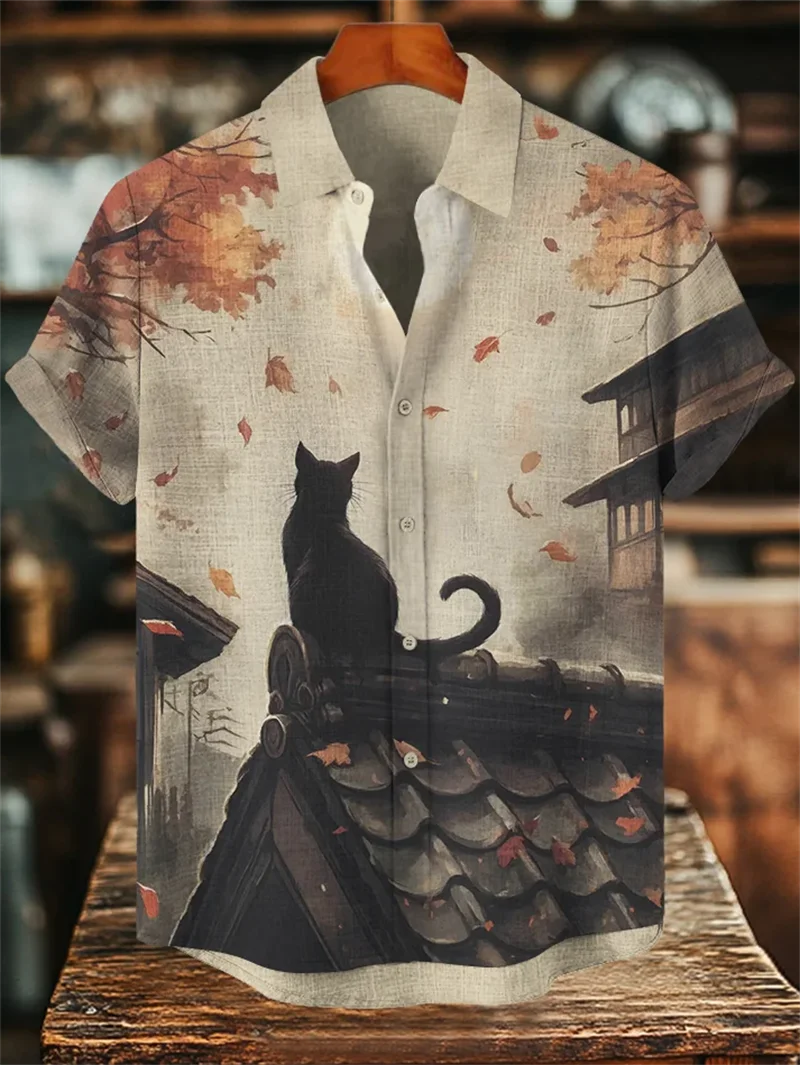 Men's new summer comfortable linen short sleeved shirt 3D fish print bamboo pattern button short sleeved top
