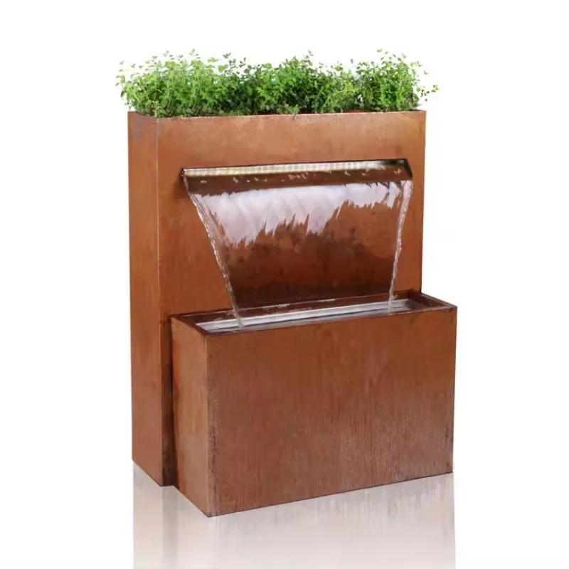 Corten Steel Rain Curtain Water Feature Weather Resistant Metal Fountain With LED Lighting For Outdoor Garden Landscape